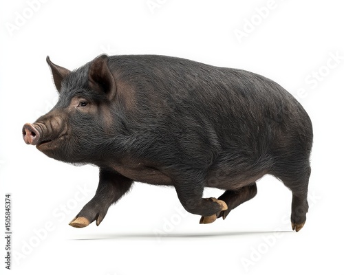 A black pig in mid-stride, dynamic and full of energy.