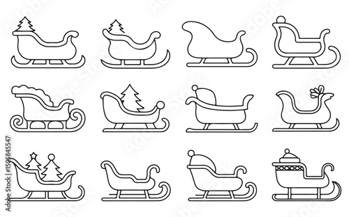 Sleigh and Gift Box Icons, Christmas Line Art in Black and White
