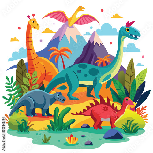 Colorful cartoon dinosaurs and pterodactyl in a prehistoric landscape with trees and mountains