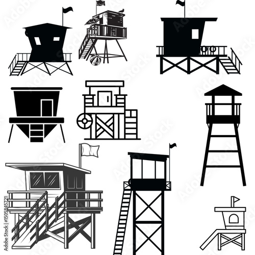 A set of icons depicting lifeguard towers, designed for beach safety and rescue purposes. Silhouette 

