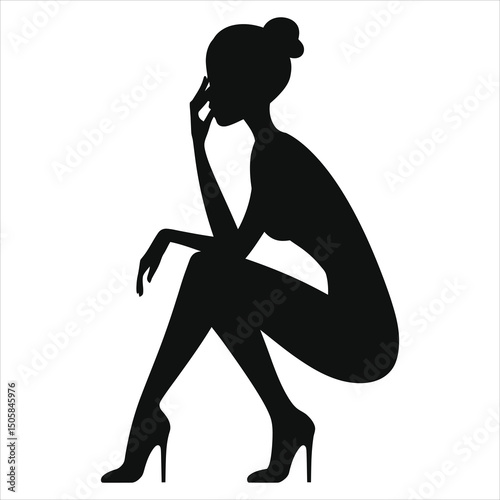( Kitten heels)Thoughtful Female Vector Silhouette in Elegant Pose Against a White Background/A stylish, contemplative female silhouette sits in a relaxed pose against a white background..
