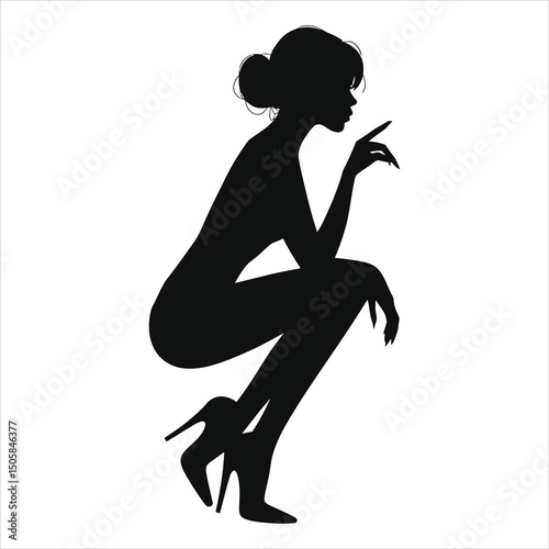 (Kitten heels)Vector Silhouette of a Woman in a Pensive Pose/A striking silhouette of a woman in a thoughtful pose, squatting and wearing high heels.