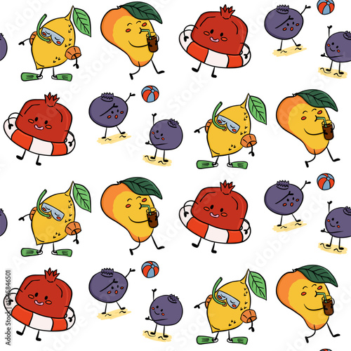 Seamless pattern of funny summer fruits with human faces playing on the beach hand drawn in vibrant colors. Concept of vacation, joy and tropical fruit character fun
