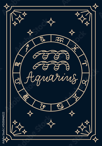Hand drawn zodiac illustration of Aquarius symbol with starry frame and astrology wheel in elegant outline style. Concept of horoscope, mysticism and celestial zodiac identity
