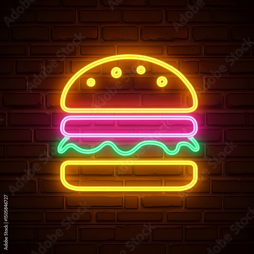 Glowing Neon Burger Sign on a Brick Wall