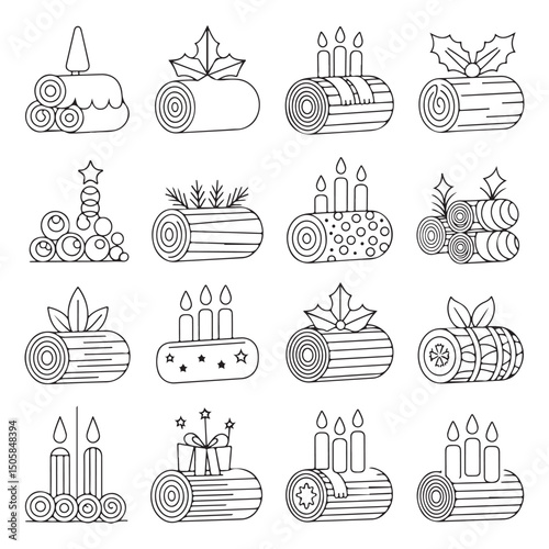 Festive Yule Log Icon Set, Christmas Line Art Illustrations with Holly