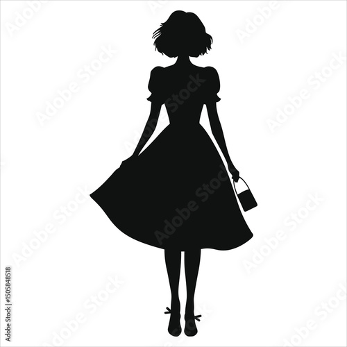 ( Mary Jane shoes)Vector Silhouette of a Woman in a Vintage Dress/A stylish, black silhouette of a woman wearing a classic vintage-inspired dress.
