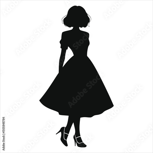 ( Mary Jane shoes)Vector Silhouette of a Woman in a Vintage Dress/A sophisticated black silhouette of a woman wearing a stylish vintage-inspired dress and high heels.