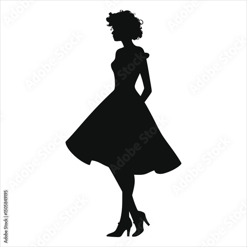 (Mary Jane shoes) Elegant Vector Silhouette of a Woman in a Vintage Dress/A stylish silhouette of a woman in a vintage-inspired dress, presented against a simple neutral background.