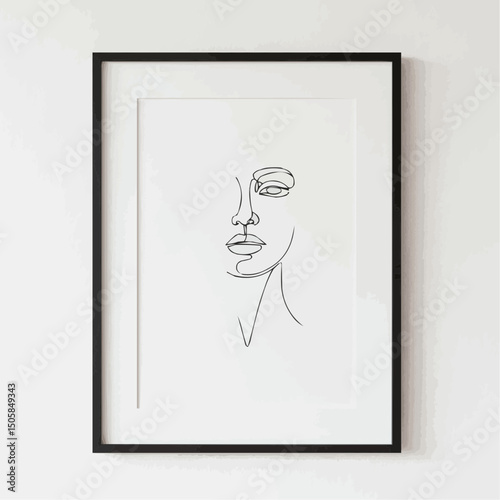 A minimalist line drawing portrait of a woman in a black frame