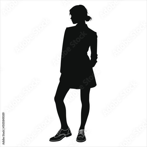 ( Oxfords Brogues shoes) Vector Silhouette of a Woman in a Business Outfit/Full-body silhouette of a woman, likely in a business or professional setting.