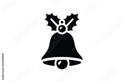 Christmas bell with holly vector silhouette isolated in white background