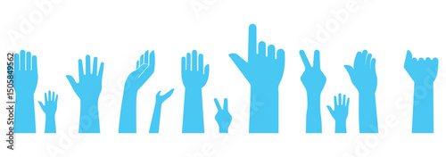 Fists hands up vector illustration. Concept of unity, revolution, fight, cooperation. Flat outline design. Raised hands vector silhouettes, Set of hand silhouette icon logo template vector. EPS 10. 