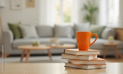 Wallpaper Mural Cozy Orange Mug with Stacked Books in Relaxing Living Room Setting with Copy Space Torontodigital.ca