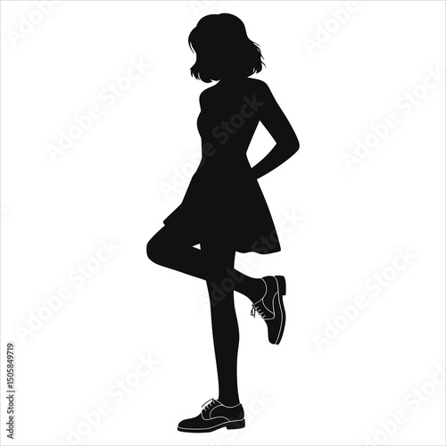 (Oxfords Brogues shoes)Elegant Vector Silhouette of a Woman in a Dress/A stylish silhouette of a woman wearing a dress and shoes.