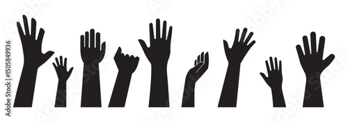 Fists hands up vector illustration. Concept of unity, revolution, fight, cooperation. Flat outline design. Raised hands vector silhouettes, Set of hand silhouette icon logo template vector. EPS 10. 