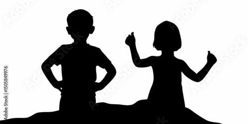 Black and White Silhouette of Two Children Celebrating – Boy and Girl with Raised Arms Victory Pose Illustration
