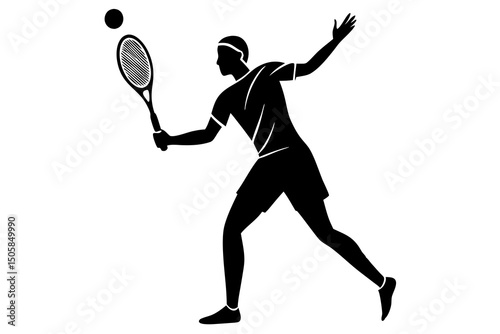 Minimalist Black and White Tennis Player Silhouette – Dynamic Athletic Pose with Racket and Ball