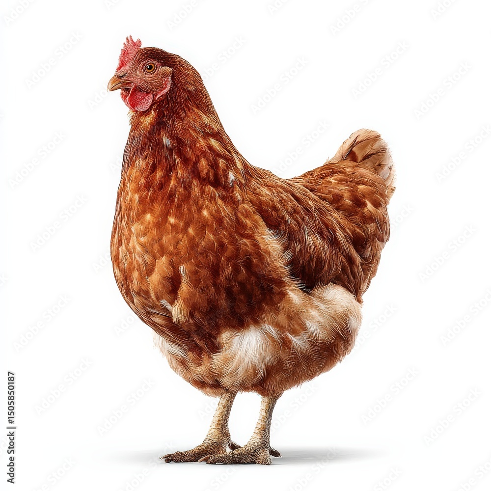 Fototapeta premium A reddish-brown hen stands against a white background.