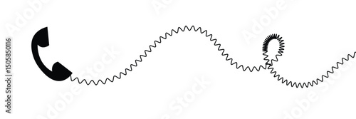 Telephone receiver with a cord. Phone handset with extension cord. Black silhouette isolated on a white background. Vector illustration. EPS