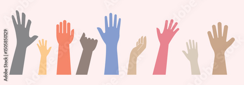 Fists hands up vector illustration. Concept of unity, revolution, fight, cooperation. Flat outline design. Raised hands vector silhouettes, Set of hand silhouette icon logo template vector. EPS 10. 