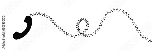 Telephone receiver with a cord. Phone handset with extension cord. Black silhouette isolated on a white background. Vector illustration. EPS
