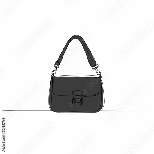 An elegant black handbag is shown on a simple, clean backdrop, highlighting its sleek design. The handbag is detailed with a shoulder strap and a secure clasp.