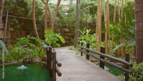 Obraz na plátně Defocused tropical resort featuring a blurry wooden bridge surrounded by lush greenery and exotic plants in a peaceful luxury outdoor hotel setting
