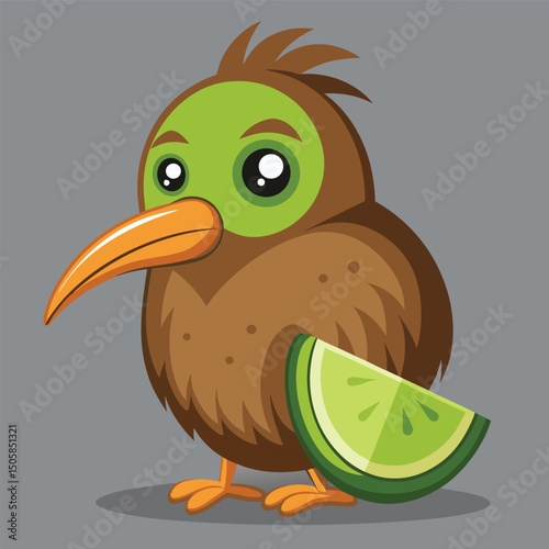 Cute kiwi bird mascot with green eyes and orange beak alongside a fruit slice