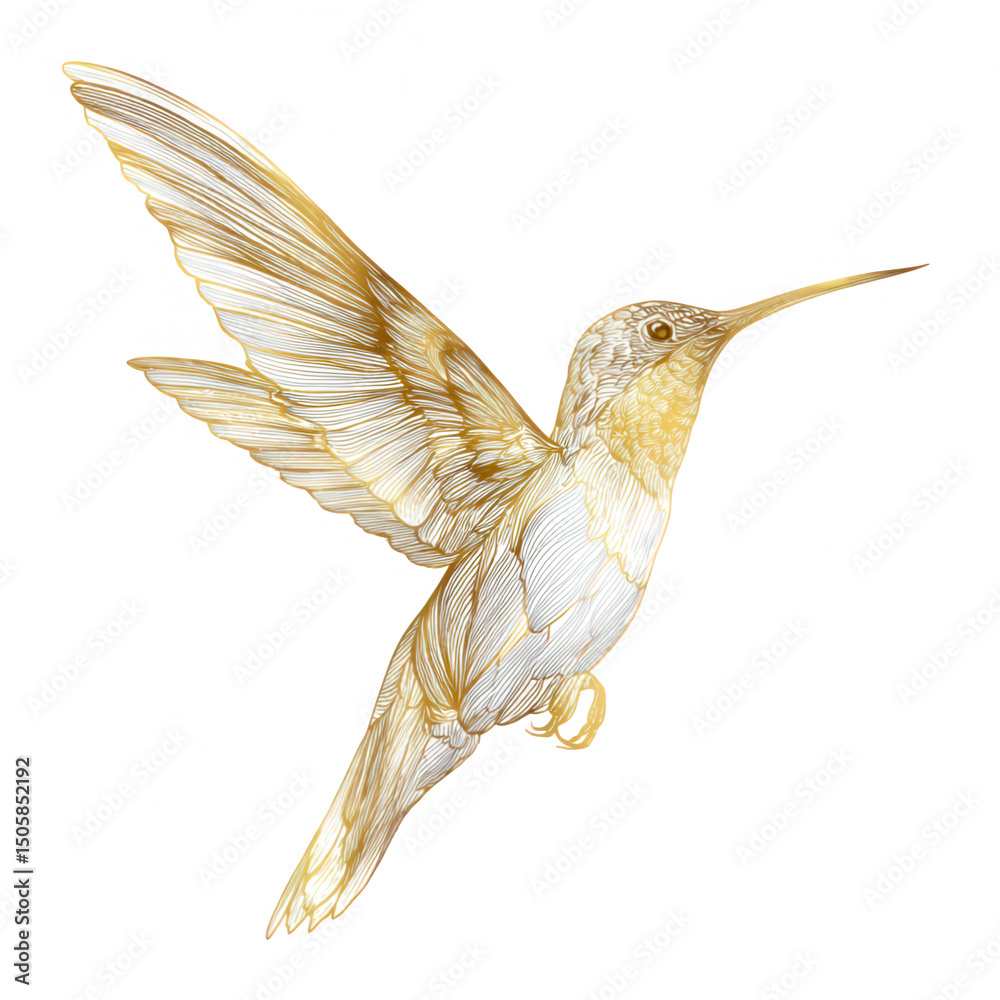 Obraz premium Elegant hummingbird illustration featuring intricate gold line details, showcasing its delicate wings and vibrant colors. This wildlife element captures beauty of nature in stunning design