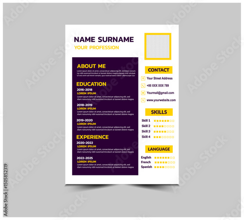 CV Resume Template Design Purple And Yellow With Education Experience Skills Languages And Contact Presentation Vector Illustration