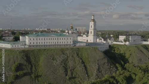Tobolsk, drone, aerial photography, St. Sophia and Assumption Cathedral, white stone Kremlin beyond the Urals, museum complexes, ancient merchant fortress, city center