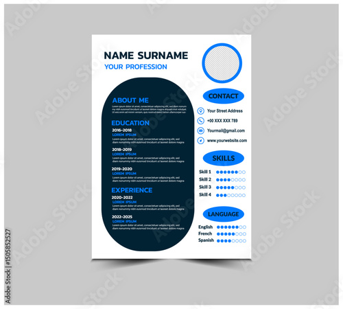 CV Resume Template Design Blue With Education Experience Skills Languages And Contact Presentation Vector Illustration