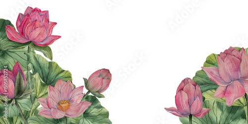 Wallpaper Mural Frame with hand drawn watercolor lotus with blooming pink flowers and green leaves. Template with space for text. Watercolor style. Natural palette. Ideal for invitation, packaging, eco projects Torontodigital.ca