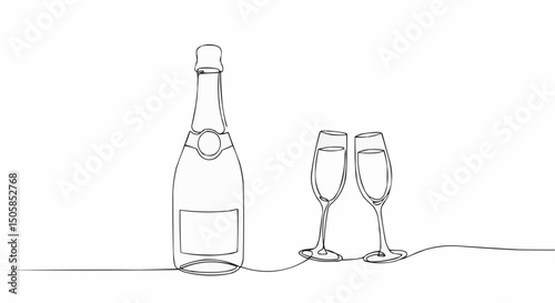 A bottle of champagne and two glasses drawn in a single continuous line, evoking elegance and celebration. Perfect for designs