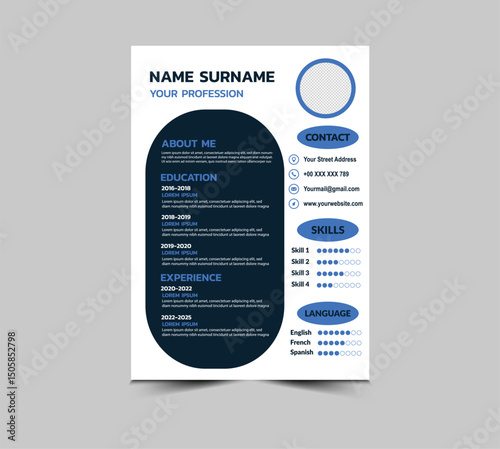 CV Resume Template Design Blue With Education Experience Skills Languages And Contact Presentation Vector Illustration
