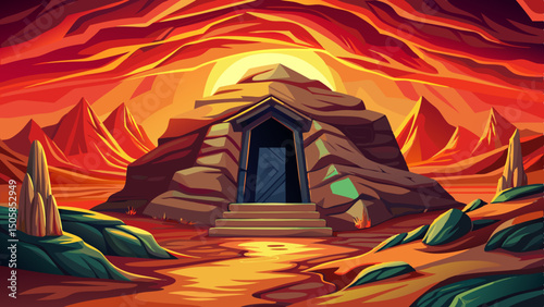 Empty tomb vector with stone rocky cave and light rays coming out from inside illustration