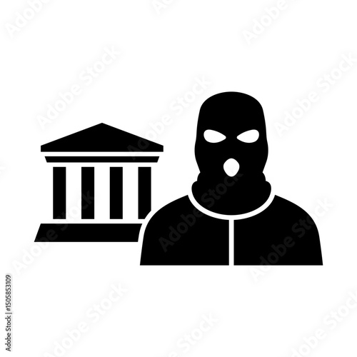 Bank and thief icon. Bank robbery. Vector icon isolated on white background.