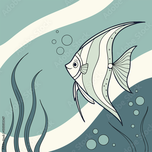 Zen Style Angelfish with Bubbles Vector Illustration in CMYK Color Model