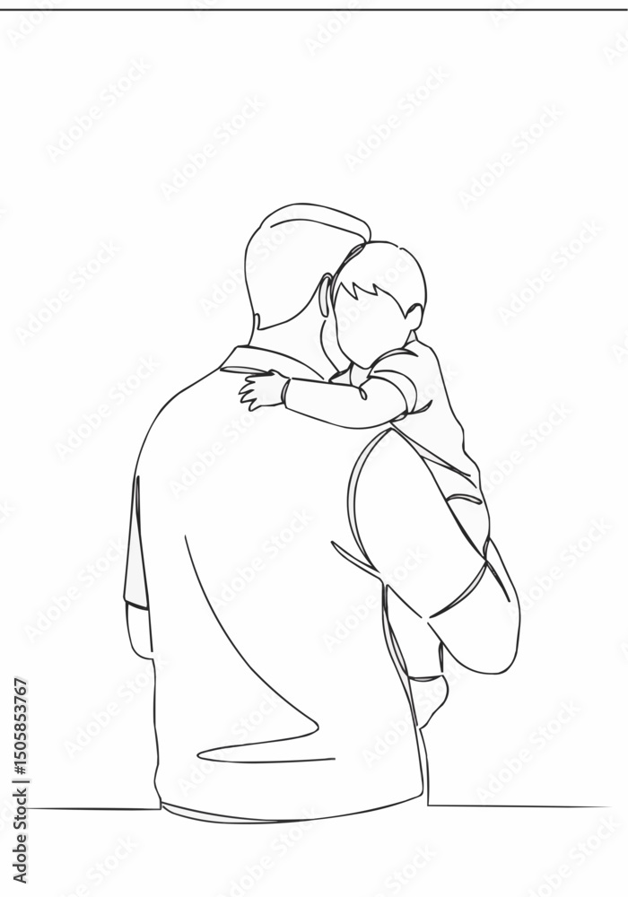 Single line drawing of father holding his child. The scene shows a father embracing his kid, showing deep love. Single line drawing of father holding his child. The scene shows a father embracing his kid, showing deep love.
