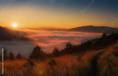 Generated Breathtaking sunrise over misty hills and valleys, captured during the golden hour. The soft morning fog, warm light, and serene natural landscape create a peaceful and atmospheric countrysi