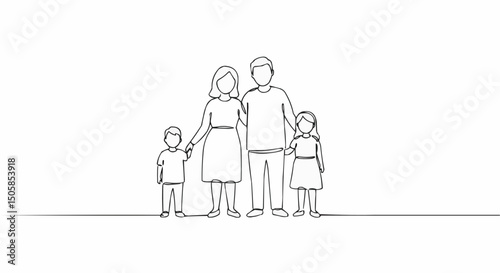 A Line drawing of a happy family of four members standing close to each other, all connected by the same line. They are smiling with love, with their hands holding on to each other.