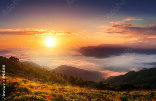 Generated Breathtaking sunrise over misty hills and valleys, captured during the golden hour. The soft morning fog, warm light, and serene natural landscape create a peaceful and atmospheric countrysi
