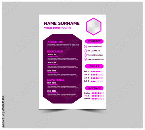 CV Resume Template Design Purple With Education Experience Skills Languages And Contact Presentation Vector Illustration