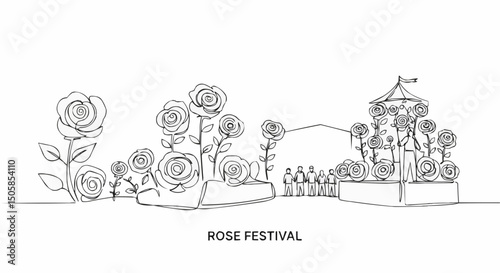 A Rose Festival illustration filled with various rose bushes and a celebratory stage for the attendees. Simple line art depicts the beauty of nature and the festive atmosphere of the event. 