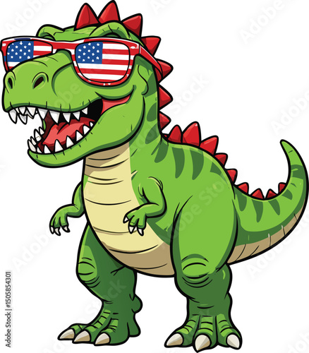 Cute green cartoon tyrannosaurus rex dinosaur vector illustration smiling and standing isolated on white background