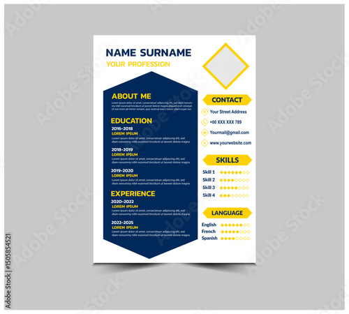 CV Resume Template Design Blue And Yellow With Education Experience Skills Languages And Contact Presentation Vector Illustration