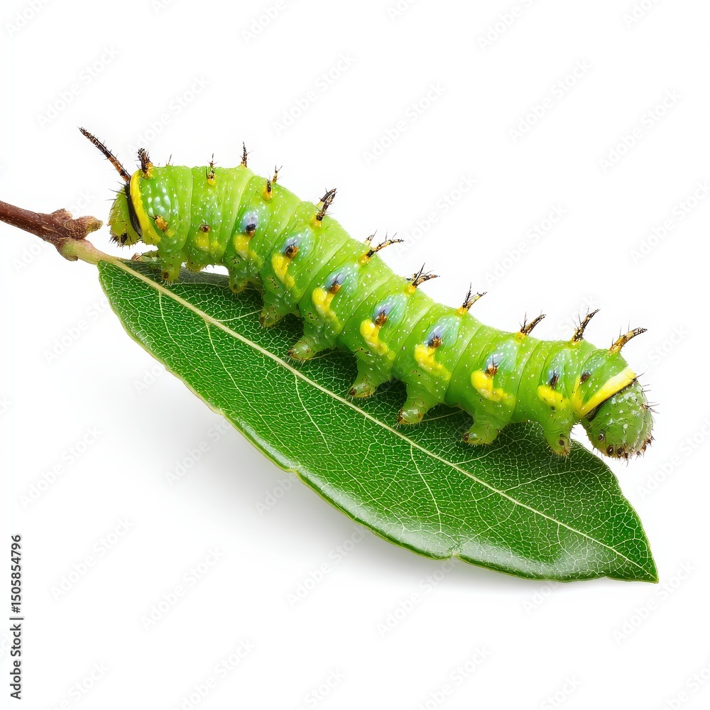 Naklejka premium Vibrant green caterpillar crawling on a leaf.