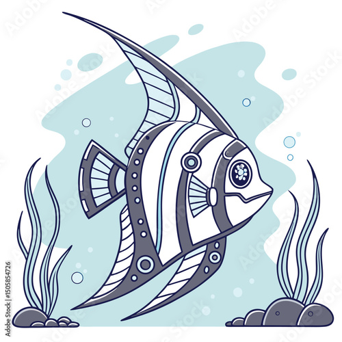Futuristic Robotic Angelfish Cybernetic Fish Design with Metallic Details and Intricate Mechanisms