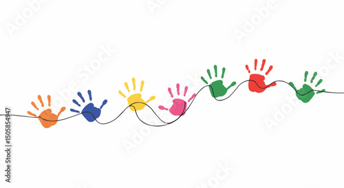 Colorful handprints connected by a line, symbolizing diversity, creativity, and unity